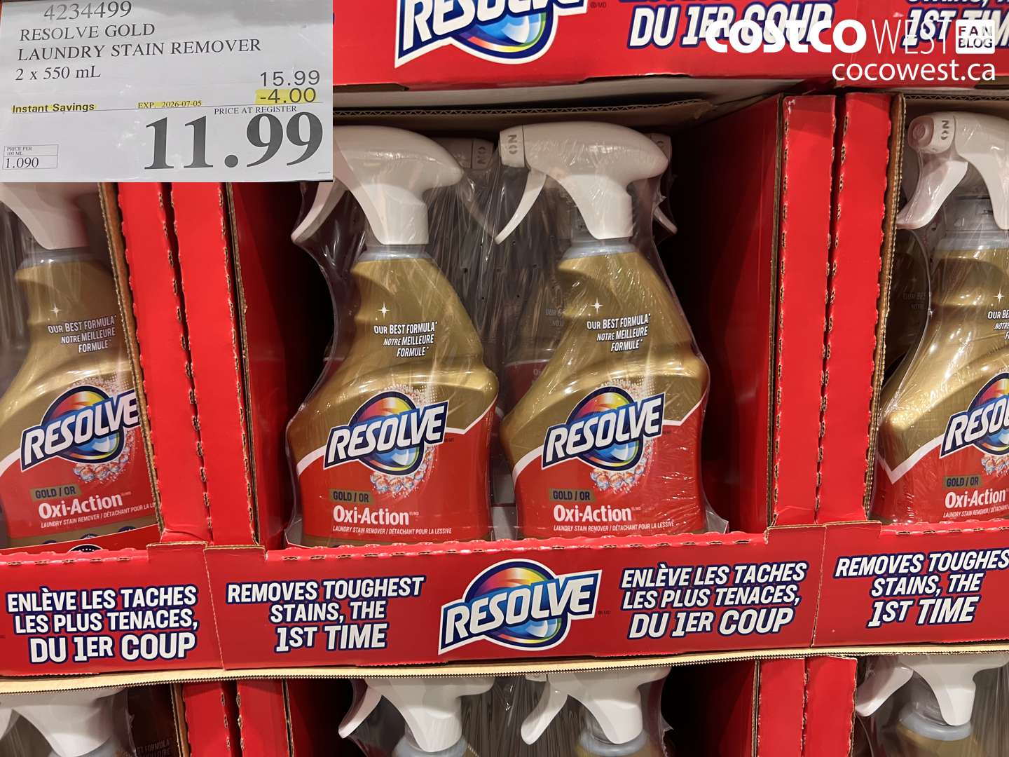 4234499 RESOLVE GOLD LAUNDRY STAIN REMOVER 2 X 550 ML ($4.00 INSTANT SAVINGS EXPIRES ON 2026-07-05) $11.99