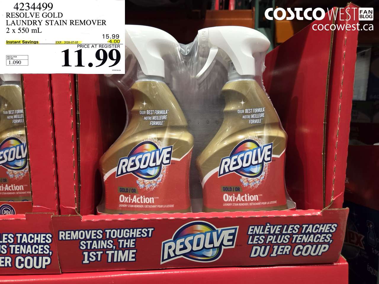 4234499 RESOLVE GOLD LAUNDRY STAIN REMOVER 2 X 550 ML ($4.00 INSTANT SAVINGS EXPIRES ON 2026-07-05) $11.99