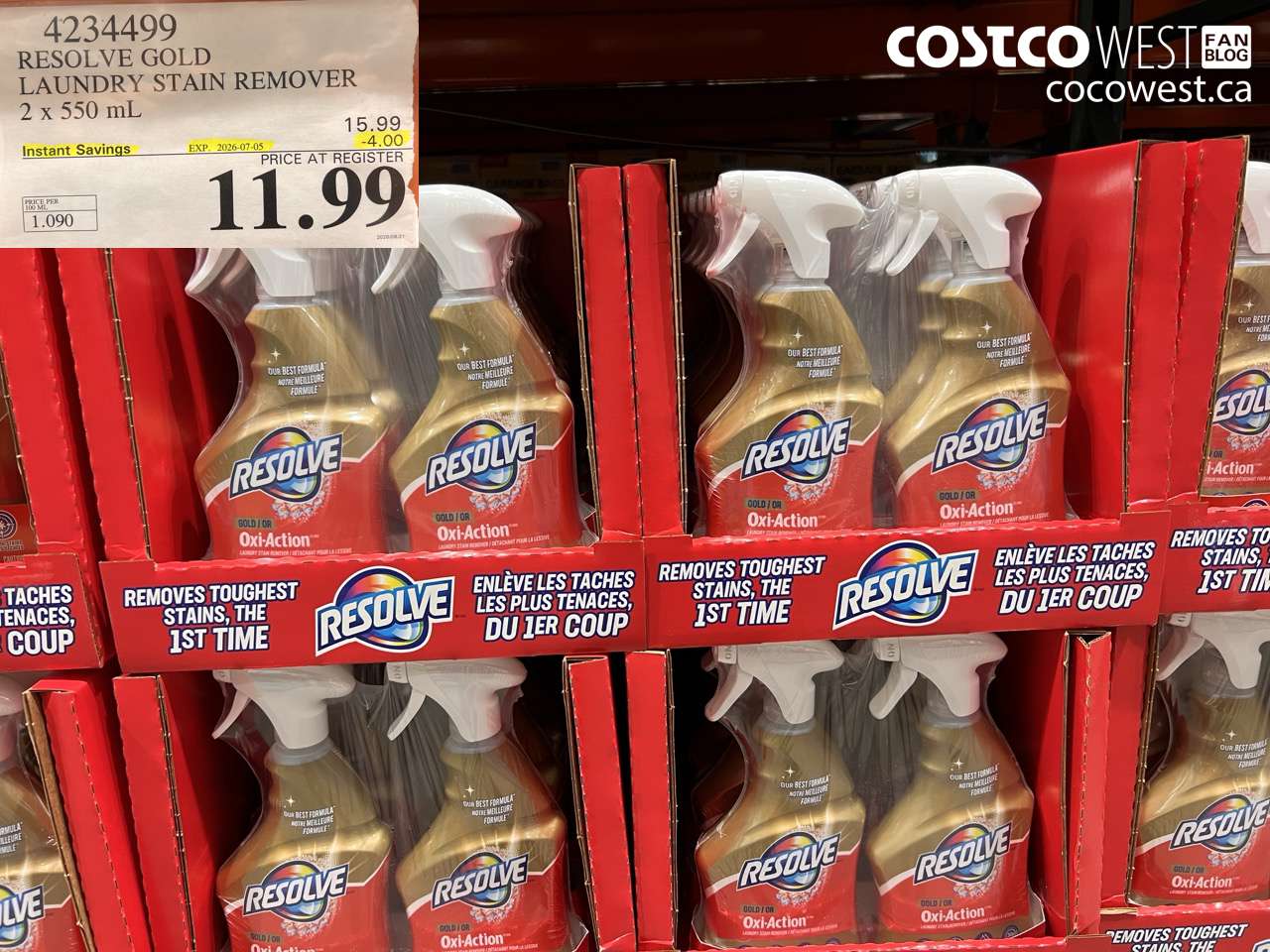 4234499 RESOLVE GOLD LAUNDRY STAIN REMOVER 2 X 550 ML ($4.00 INSTANT SAVINGS EXPIRES ON 2026-07-05) $11.99