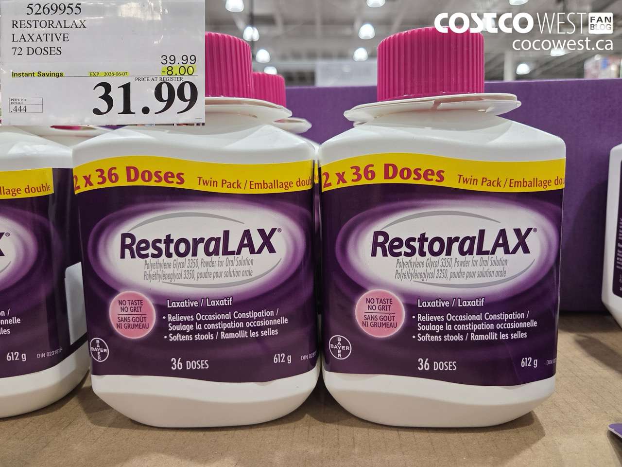 5269955 RESTORALAX LAXATIVE 72 DOSES ($8.00 INSTANT SAVINGS EXPIRES ON 2026-06-07) $31.99