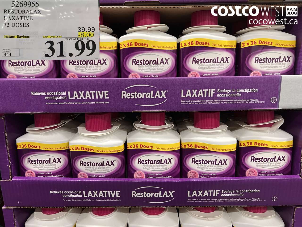 5269955 RESTORALAX LAXATIVE 72 DOSES ($8.00 INSTANT SAVINGS EXPIRES ON 2026-06-07) $31.99