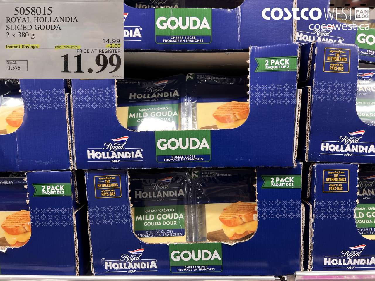 5058015 ROYAL HOLLANDIA SLICED GOUDA 2 X 380 G ($3.00 INSTANT SAVINGS EXPIRES ON 2026-07-05) $11.99