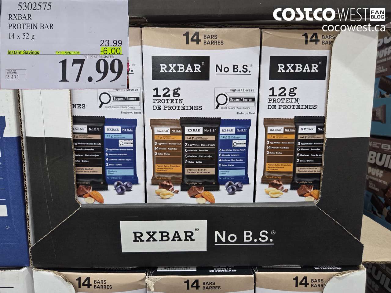 5302575 RXBAR PROTEIN BAR 14 X 52 G ($6.00 INSTANT SAVINGS EXPIRES ON 2026-07-05) $17.99
