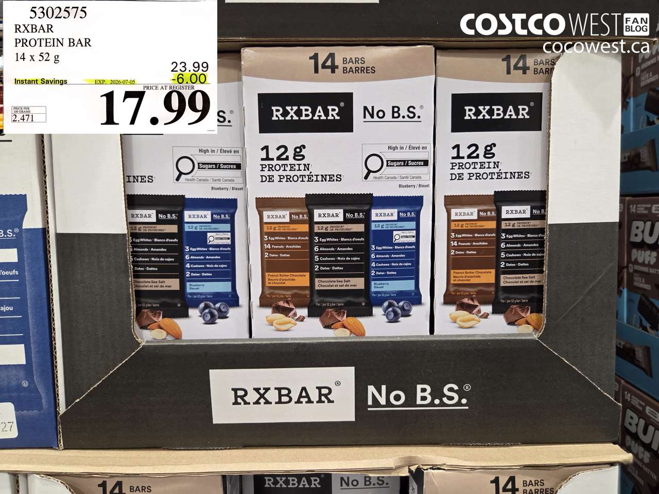 5302575 RXBAR PROTEIN BAR 14 X 52 G ($6.00 INSTANT SAVINGS EXPIRES ON 2026-07-05) $17.99