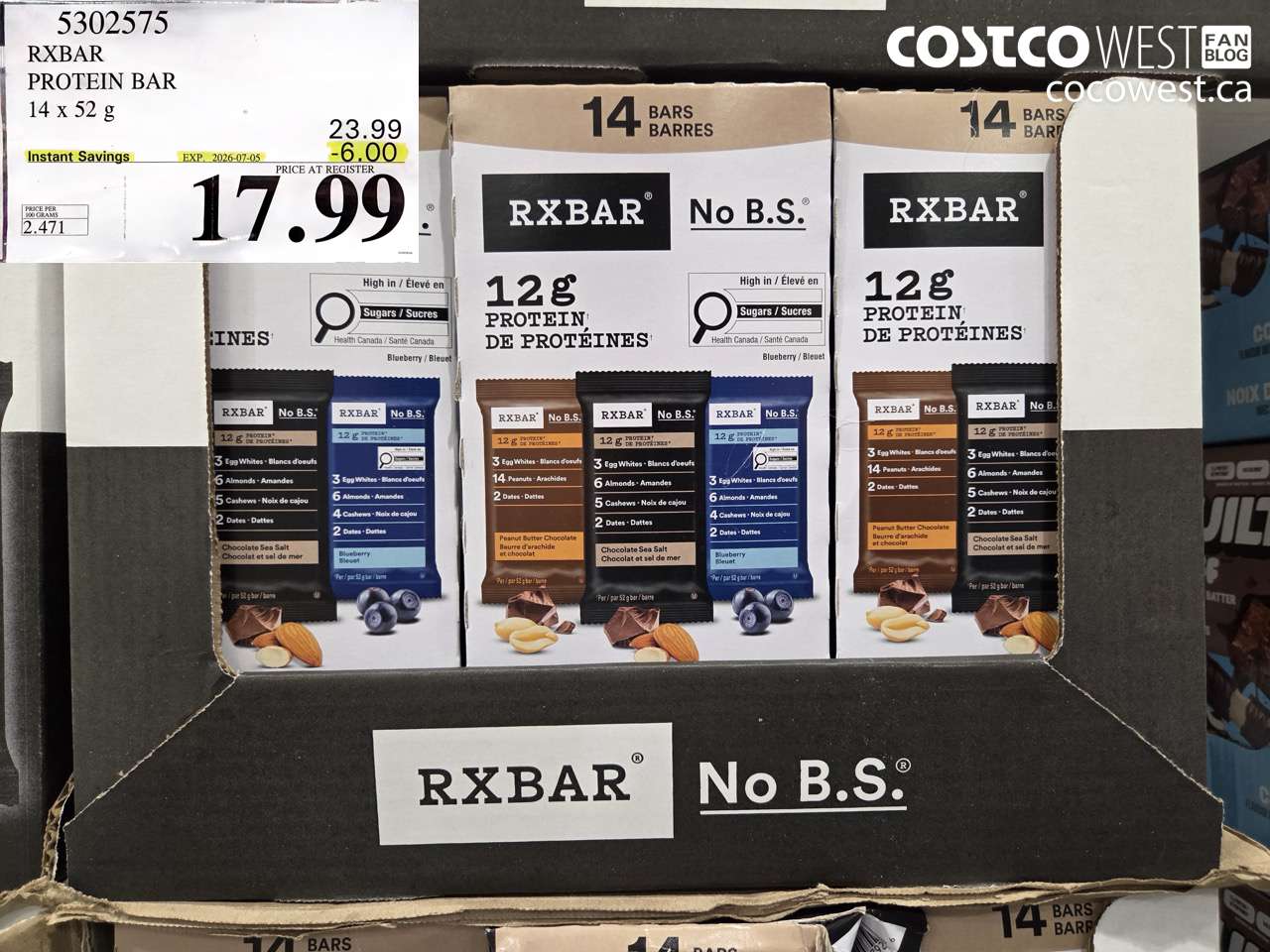 5302575 RXBAR PROTEIN BAR 14 X 52 G ($6.00 INSTANT SAVINGS EXPIRES ON 2026-07-05) $17.99