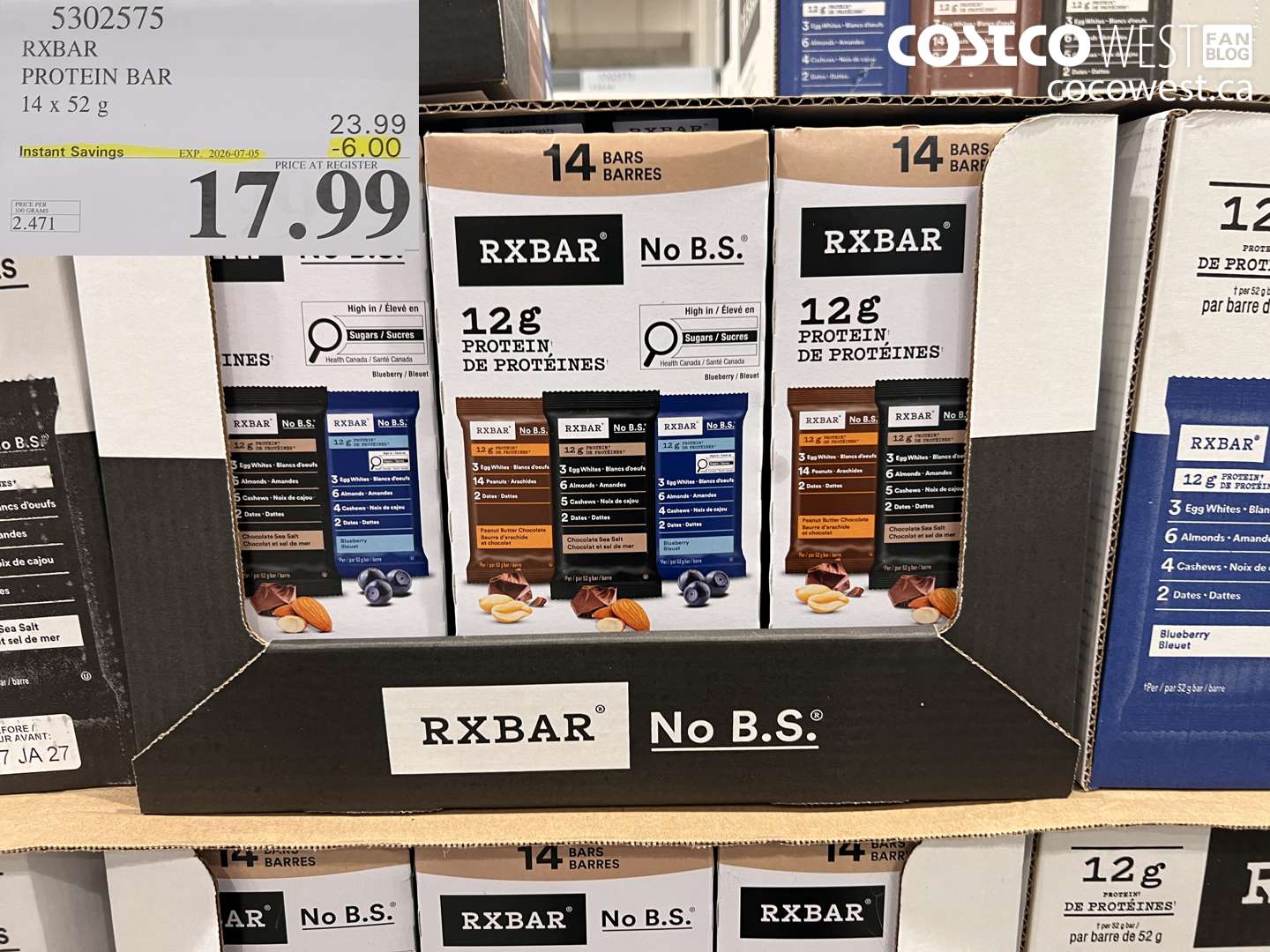 5302575 RXBAR PROTEIN BAR 14 X 52 G ($6.00 INSTANT SAVINGS EXPIRES ON 2026-07-05) $17.99