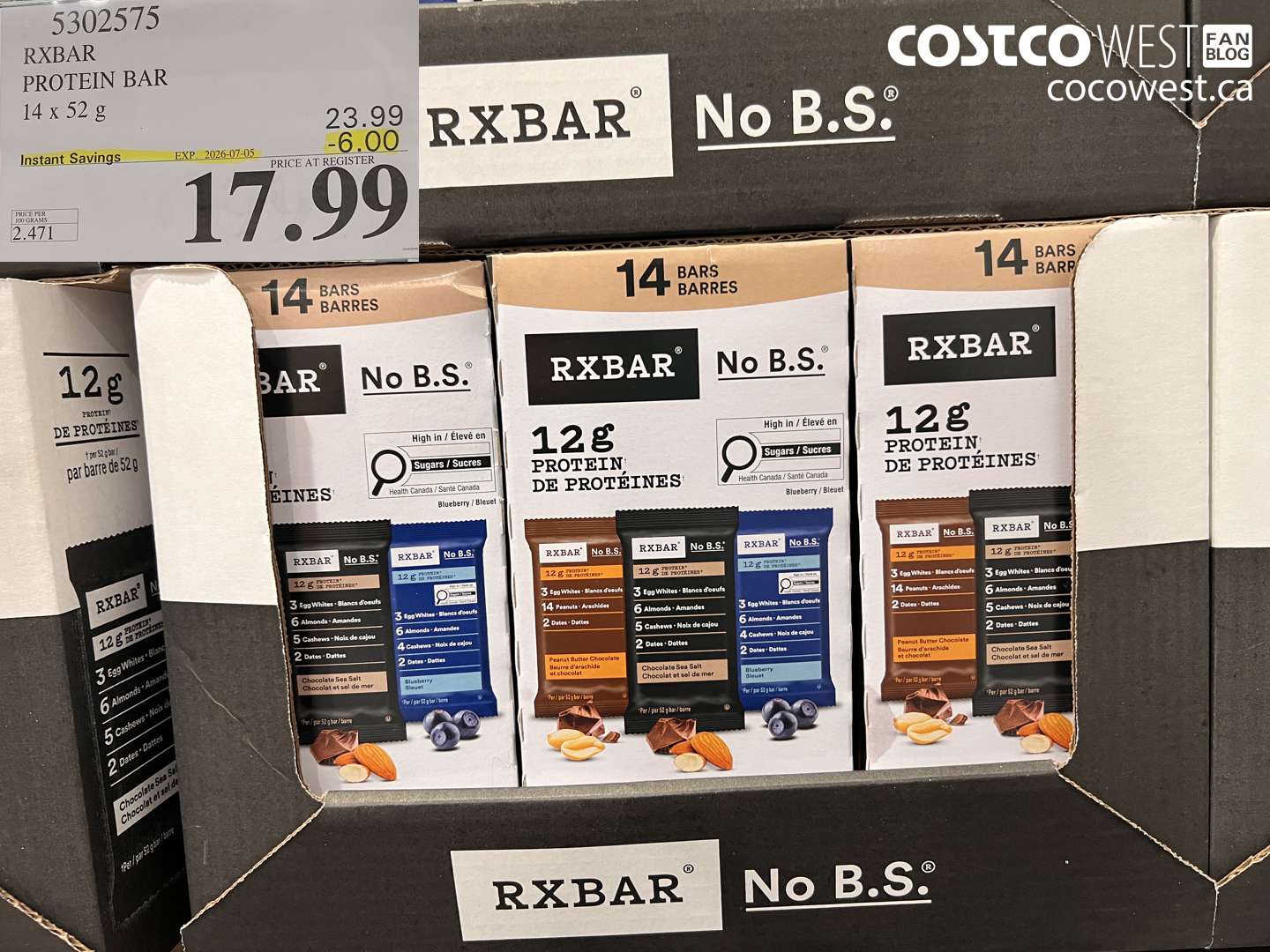 5302575 RXBAR PROTEIN BAR 14 X 52 G ($6.00 INSTANT SAVINGS EXPIRES ON 2026-07-05) $17.99