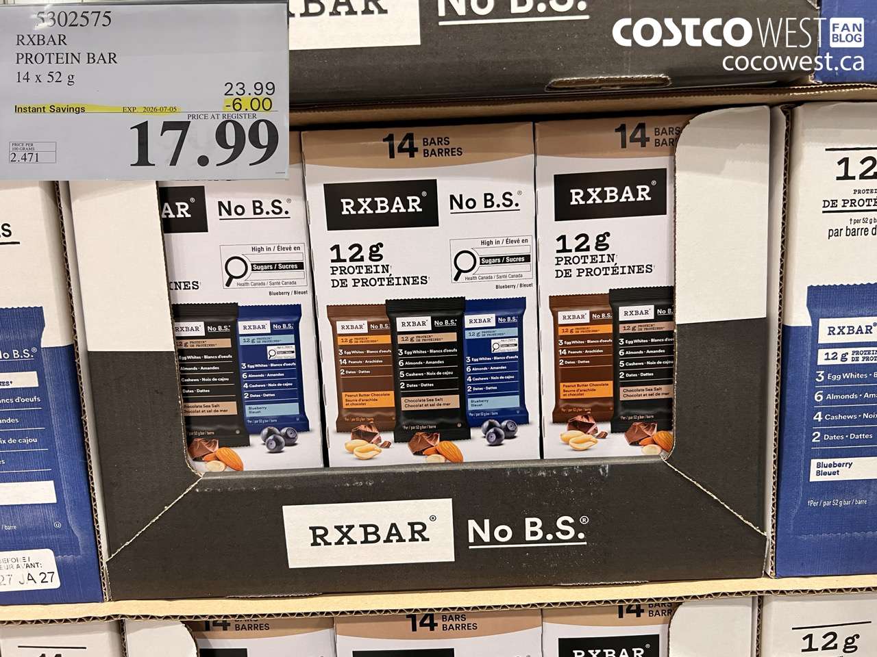5302575 RXBAR PROTEIN BAR 14 X 52 G ($6.00 INSTANT SAVINGS EXPIRES ON 2026-07-05) $17.99