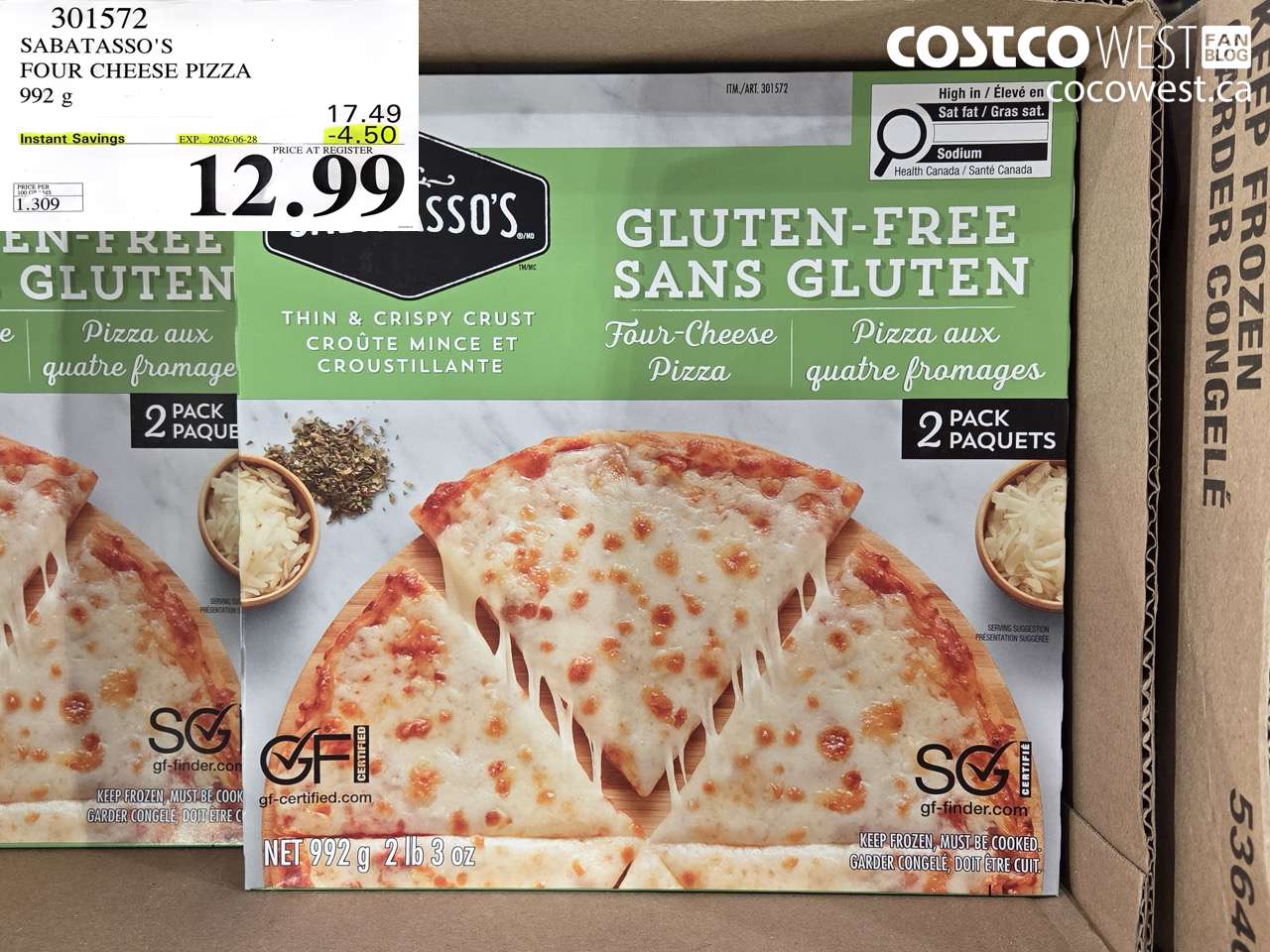 301572 SABATASSO'S FOUR CHEESE PIZZA 992 G ($4.50 INSTANT SAVINGS EXPIRES ON 2026-06-28) $12.99