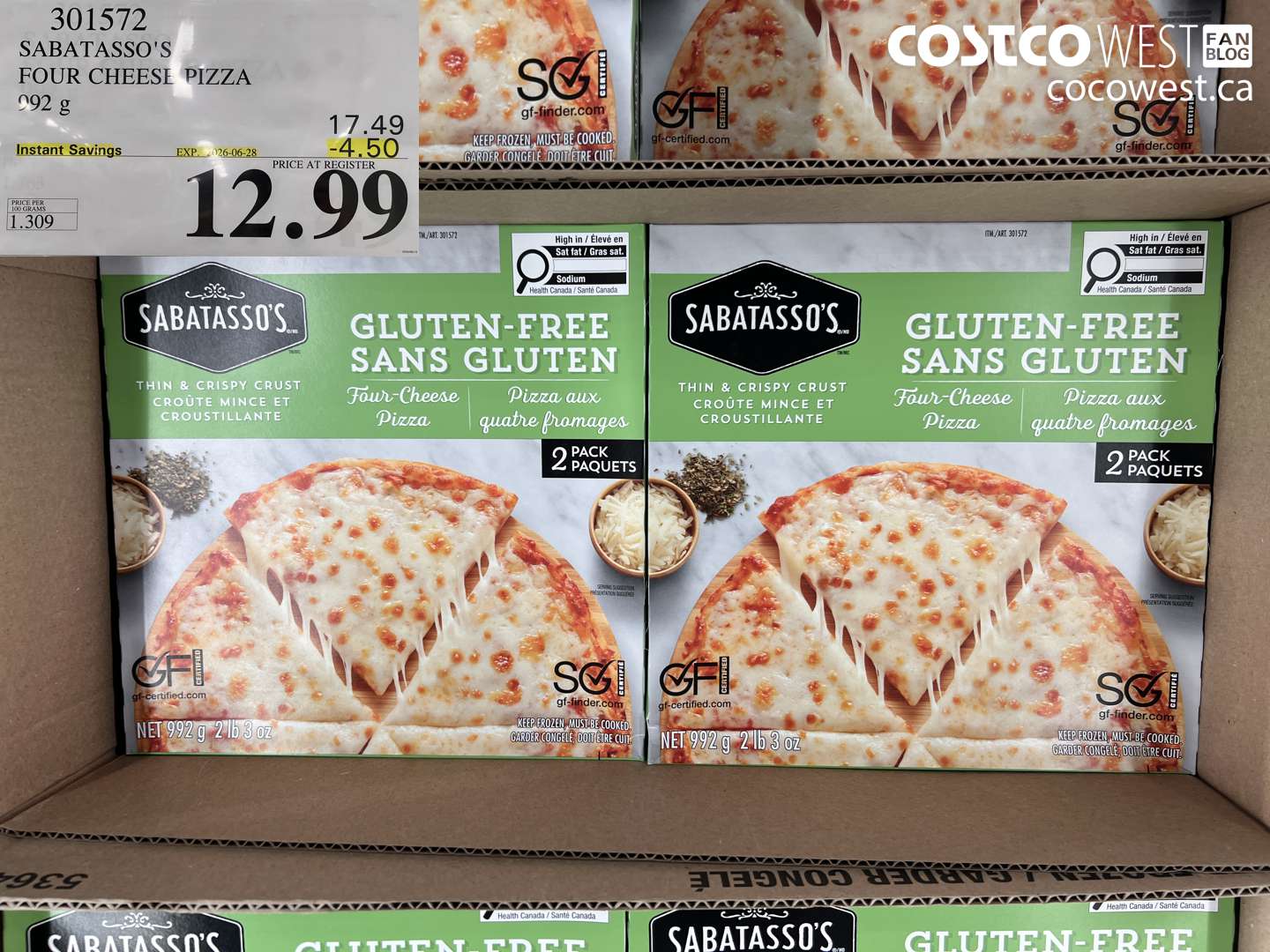301572 SABATASSO'S FOUR CHEESE PIZZA 992 G ($4.50 INSTANT SAVINGS EXPIRES ON 2026-06-28) $12.99