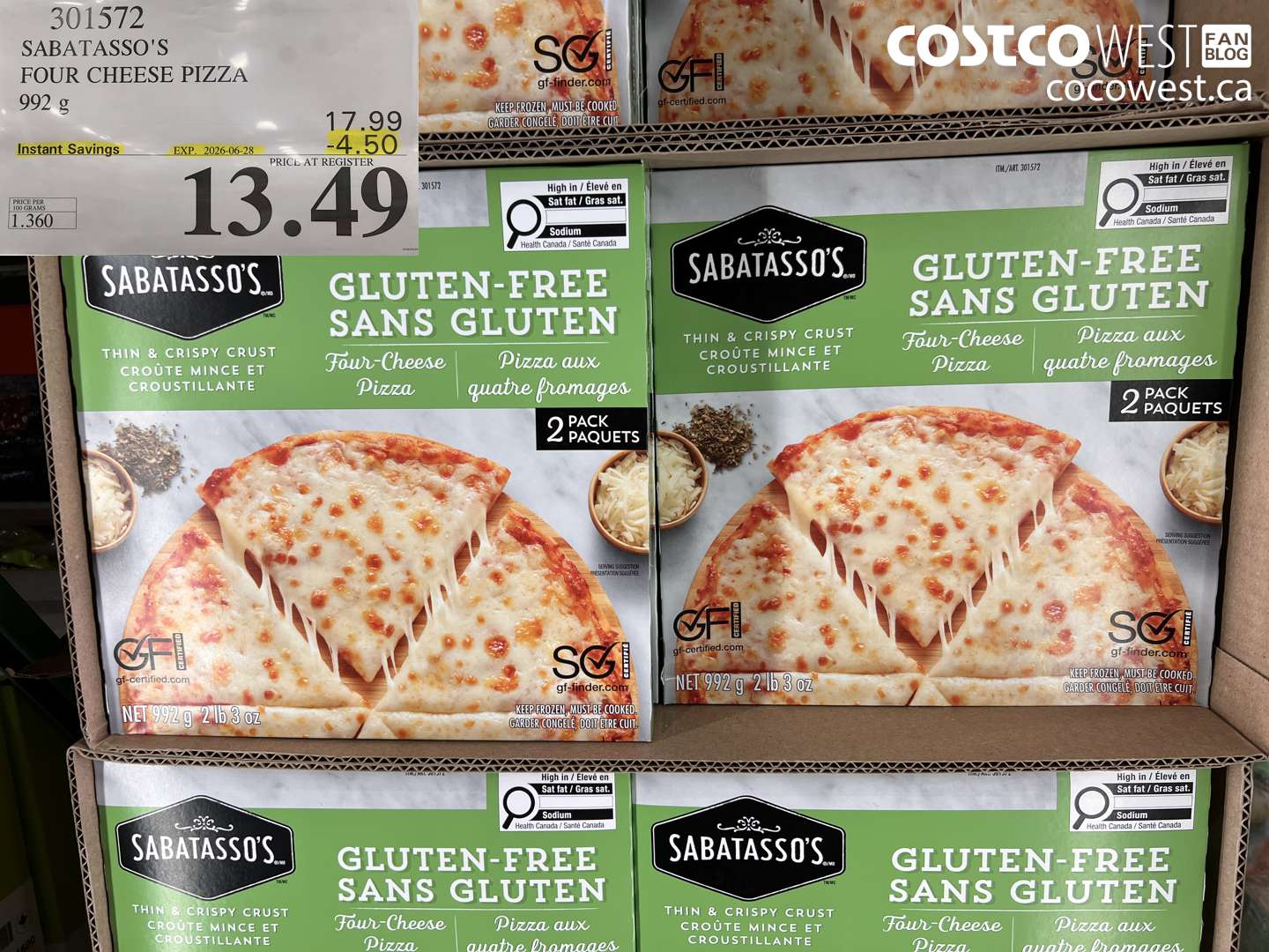 301572 SABATASSO'S FOUR CHEESE PIZZA 992 G ($4.50 INSTANT SAVINGS EXPIRES ON 2026-06-28) $13.49
