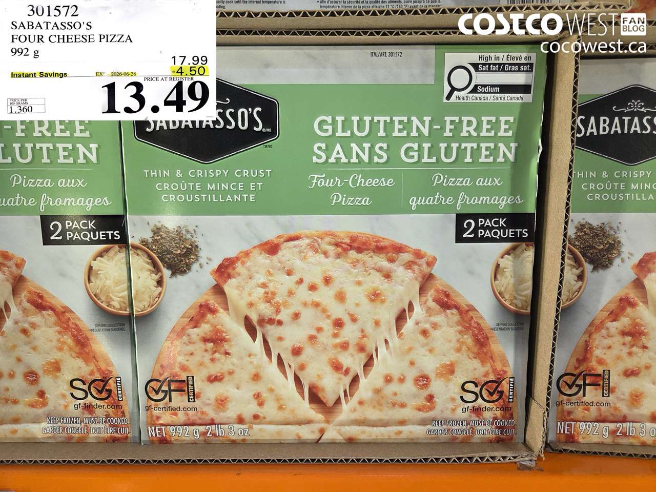 301572 SABATASSO'S FOUR CHEESE PIZZA 992 G ($4.50 INSTANT SAVINGS EXPIRES ON 2026-06-28) $13.49