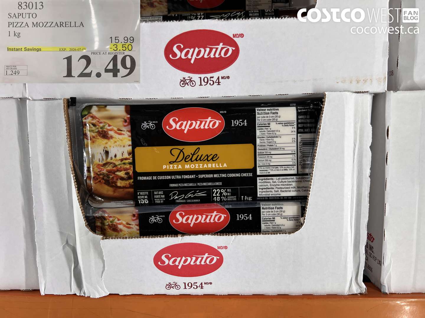 83013 SAPUTO PIZZA MOZZARELLA 1 KG ($3.50 INSTANT SAVINGS EXPIRES ON 2026-07-05) $12.49