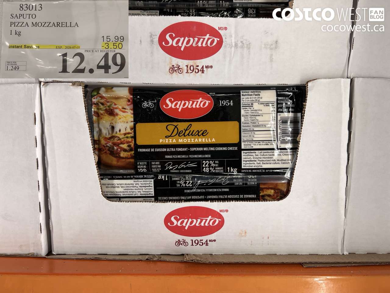 83013 SAPUTO PIZZA MOZZARELLA 1 KG ($3.50 INSTANT SAVINGS EXPIRES ON 2026-07-05) $12.49