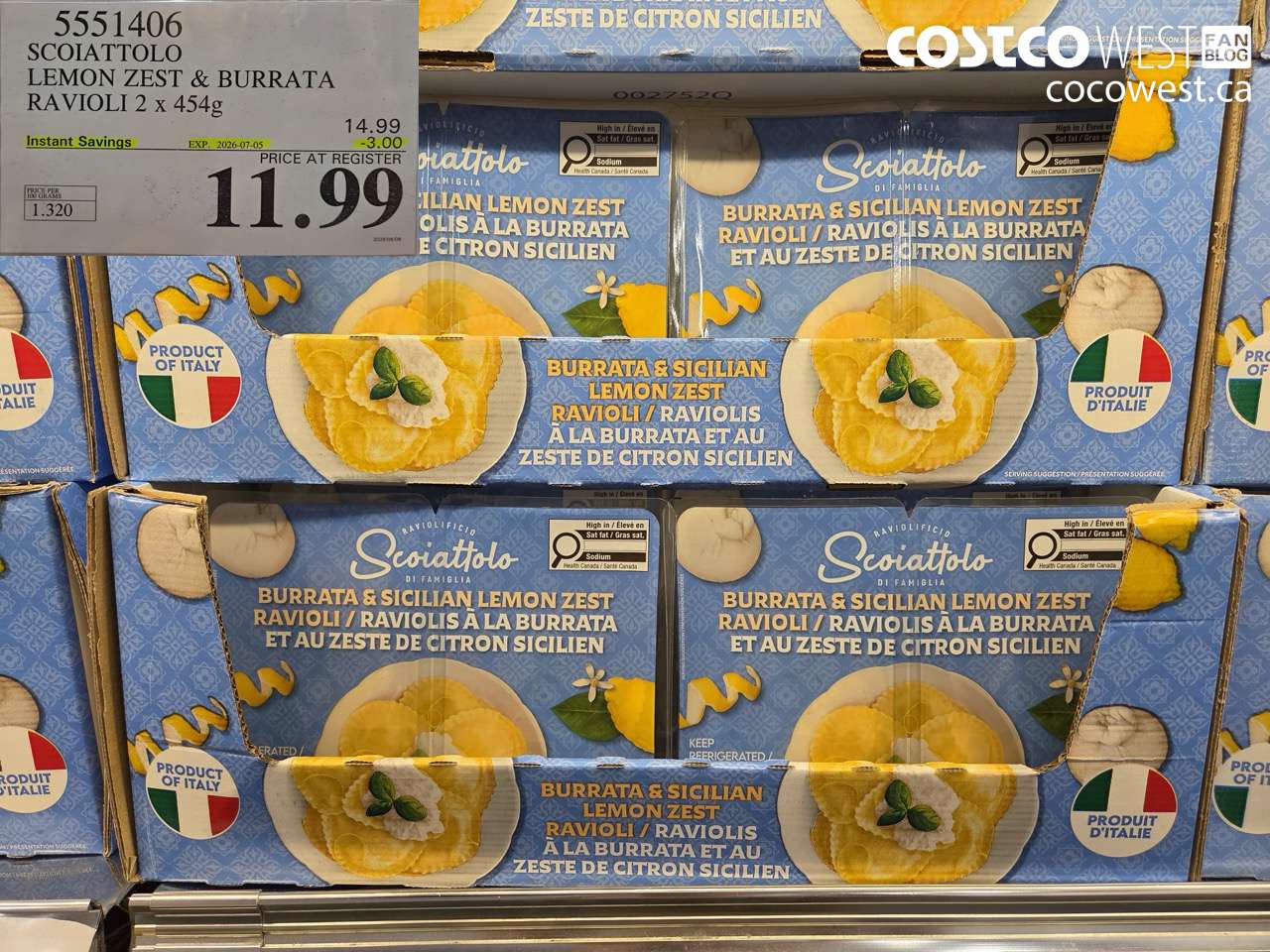 5551406 SCOIATTOLO LEMON ZEST & BURRATA RAVIOLI 2 X 454G ($3.00 INSTANT SAVINGS EXPIRES ON 2026-07-05) $11.99