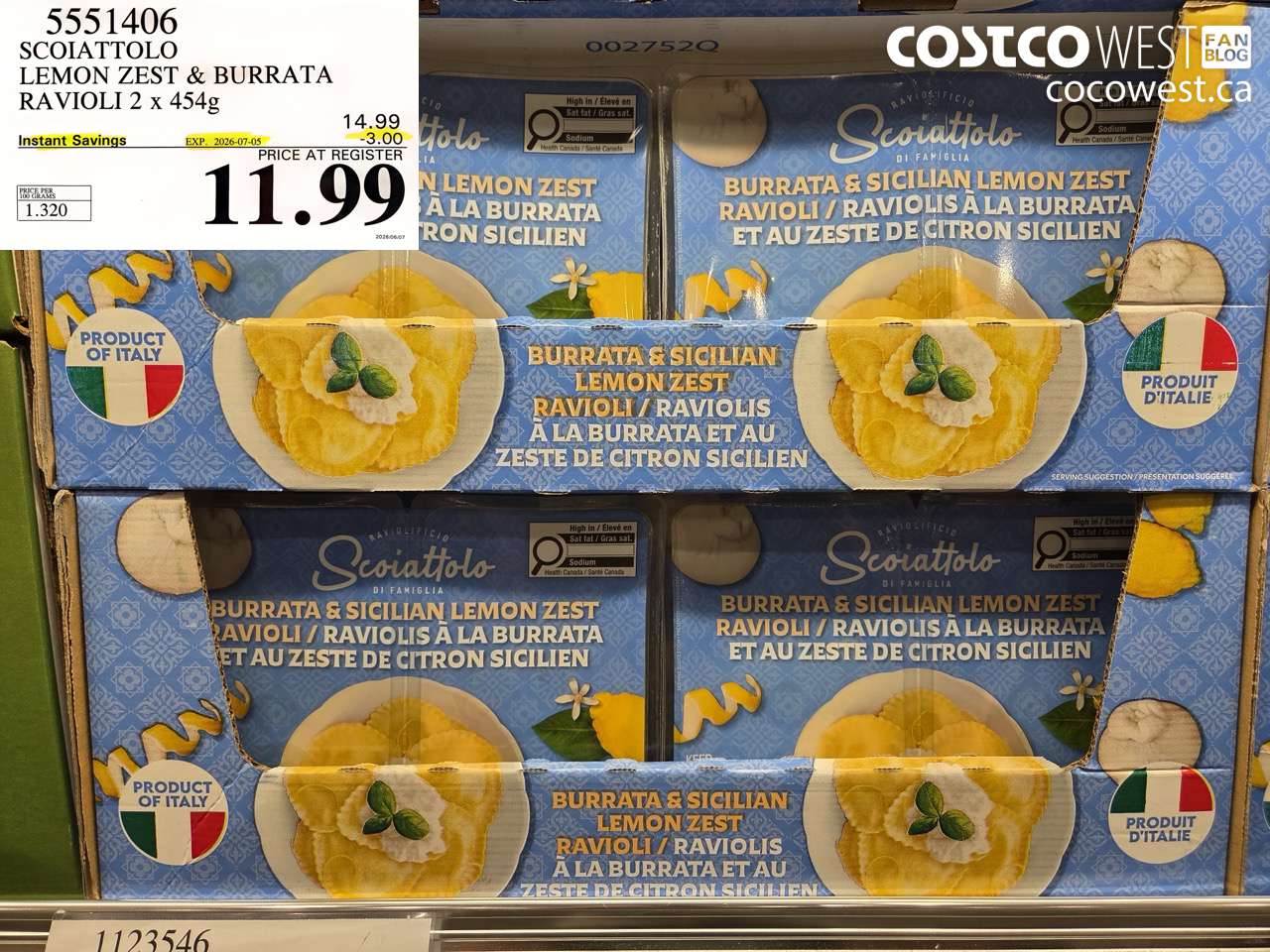 5551406 SCOIATTOLO LEMON ZEST & BURRATA RAVIOLI 2 X 454G ($3.00 INSTANT SAVINGS EXPIRES ON 2026-07-05) $11.99