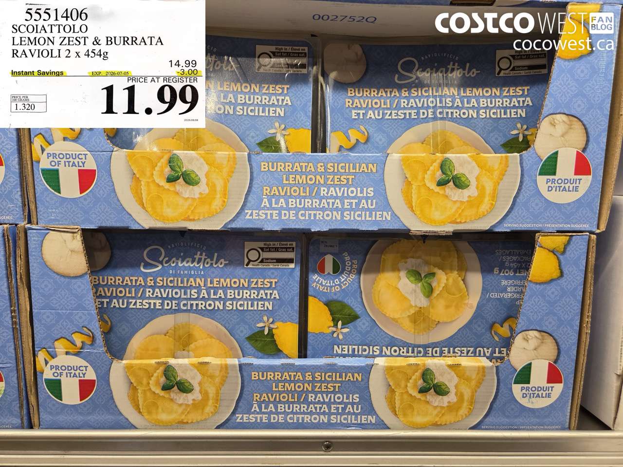 5551406 SCOIATTOLO LEMON ZEST & BURRATA RAVIOLI 2 X 454G ($3.00 INSTANT SAVINGS EXPIRES ON 2026-07-05) $11.99