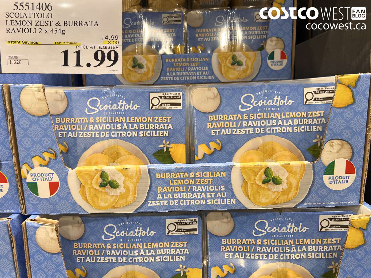 5551406 SCOIATTOLO LEMON ZEST & BURRATA RAVIOLI 2 X 454G ($3.00 INSTANT SAVINGS EXPIRES ON 2026-07-05) $11.99