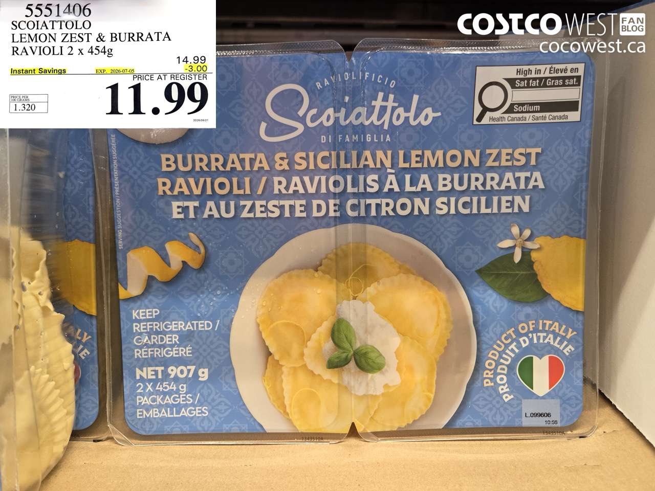 5551406 SCOIATTOLO LEMON ZEST & BURRATA RAVIOLI 2 X 454G ($3.00 INSTANT SAVINGS EXPIRES ON 2026-07-05) $11.99