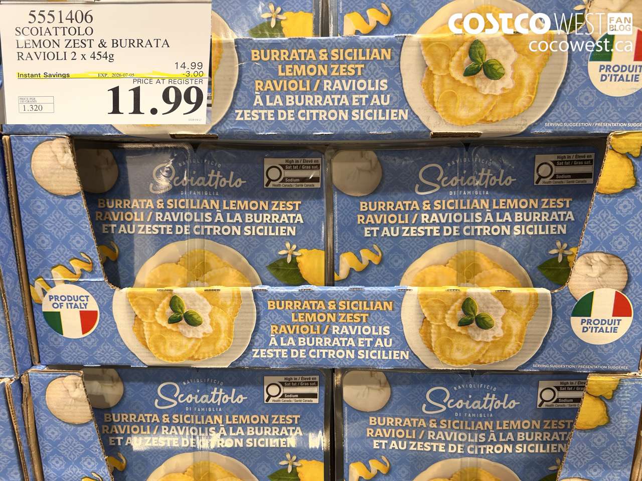 5551406 SCOIATTOLO LEMON ZEST & BURRATA RAVIOLI 2 X 454G ($3.00 INSTANT SAVINGS EXPIRES ON 2026-07-05) $11.99