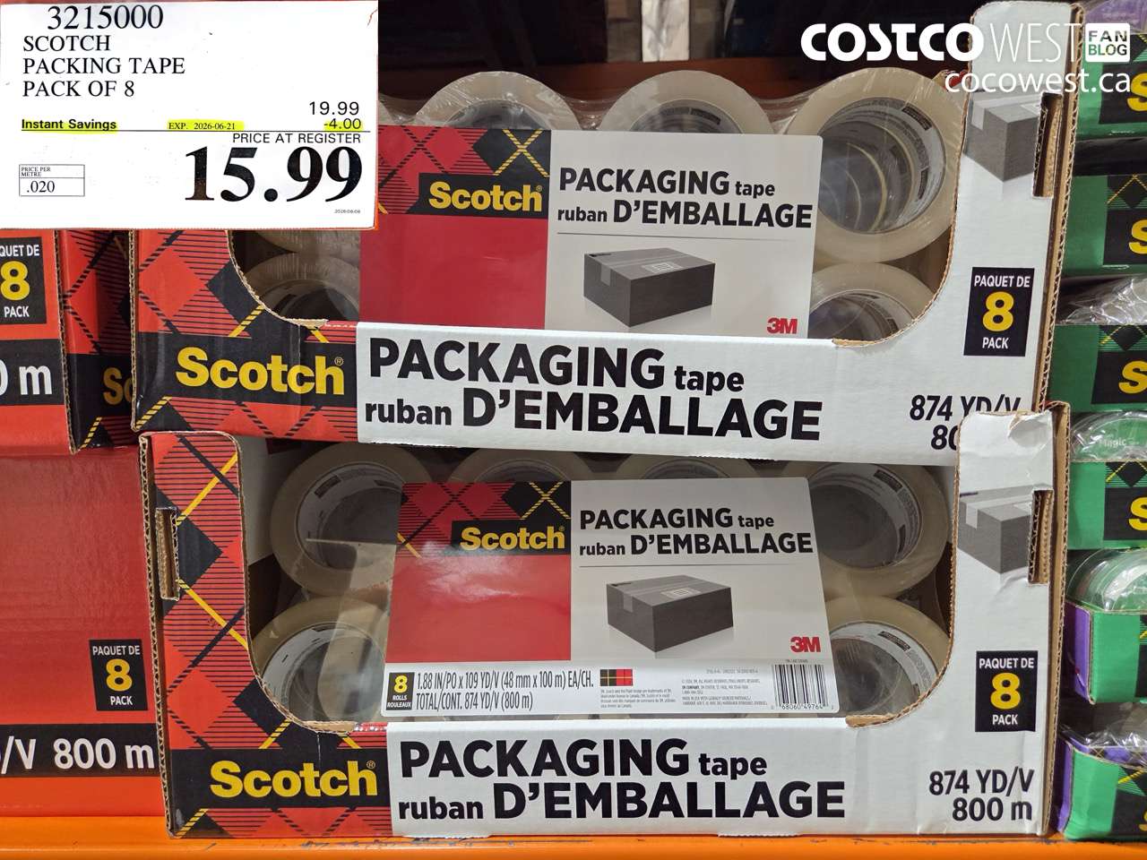 3215000 SCOTCH PACKING TAPE PACK OF 8 ($4.00 INSTANT SAVINGS EXPIRES ON 2026-06-21) $15.99