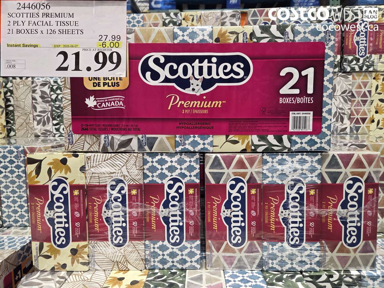 2446056 SCOTTIES PREMIUM 2 PLY FACIAL TISSUE 21 BOXES X 126 SHEETS ($6.00 INSTANT SAVINGS EXPIRES ON 2026-06-07) $21.99