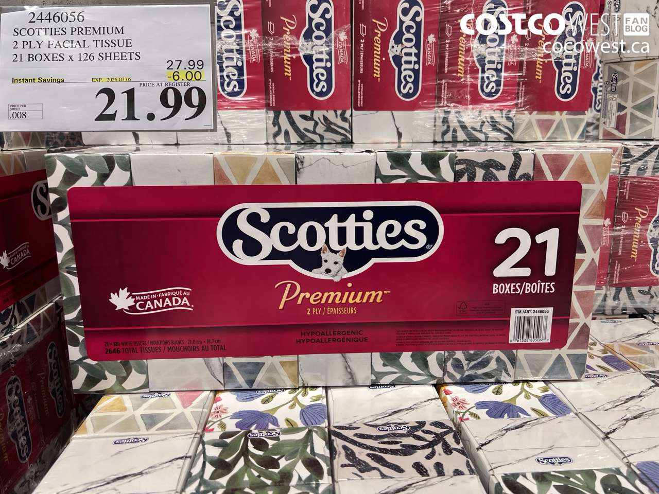 2446056 SCOTTIES PREMIUM 2 PLY FACIAL TISSUE 21 BOXES X 126 SHEETS ($6.00 INSTANT SAVINGS EXPIRES ON 2026-07-05) $21.99
