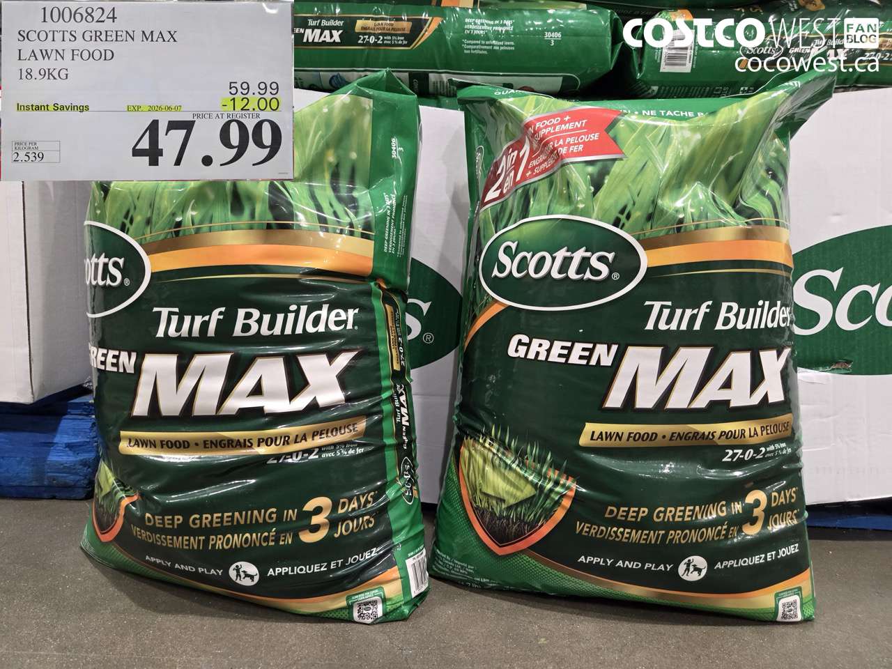 1006824 SCOTTS GREEN MAX LAWN FOOD 18.9KG ($12.00 INSTANT SAVINGS EXPIRES ON 2026-06-07) $47.99