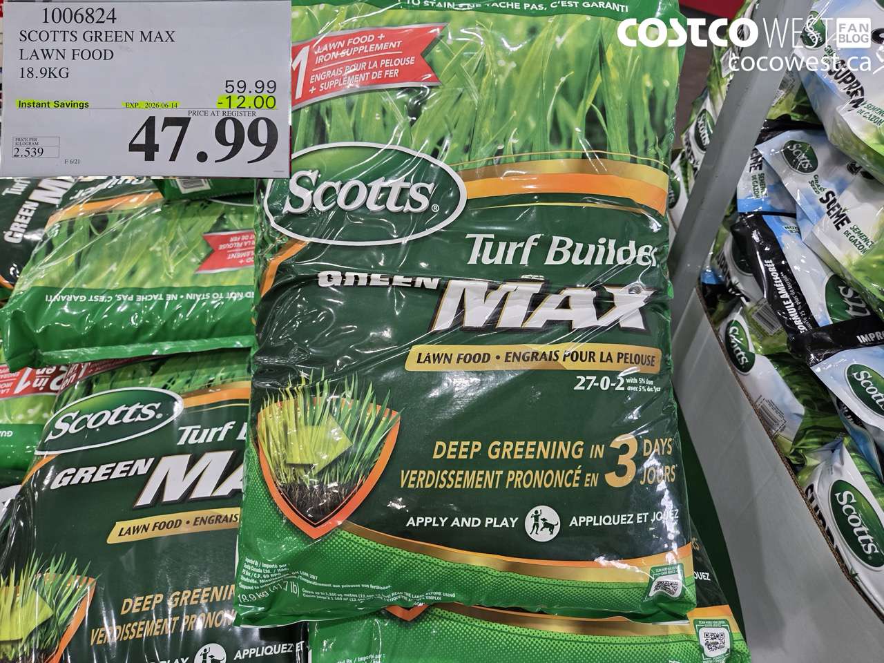 1006824 SCOTTS GREEN MAX LAWN FOOD 18.9KG ($12.00 INSTANT SAVINGS EXPIRES ON 2026-06-14) $47.99