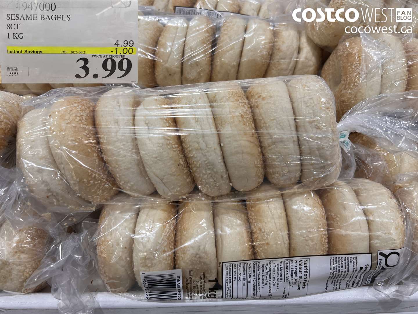 1947000 SESAME BAGELS 8CT 1 KG ($1.00 INSTANT SAVINGS EXPIRES ON 2026-06-21) $3.99