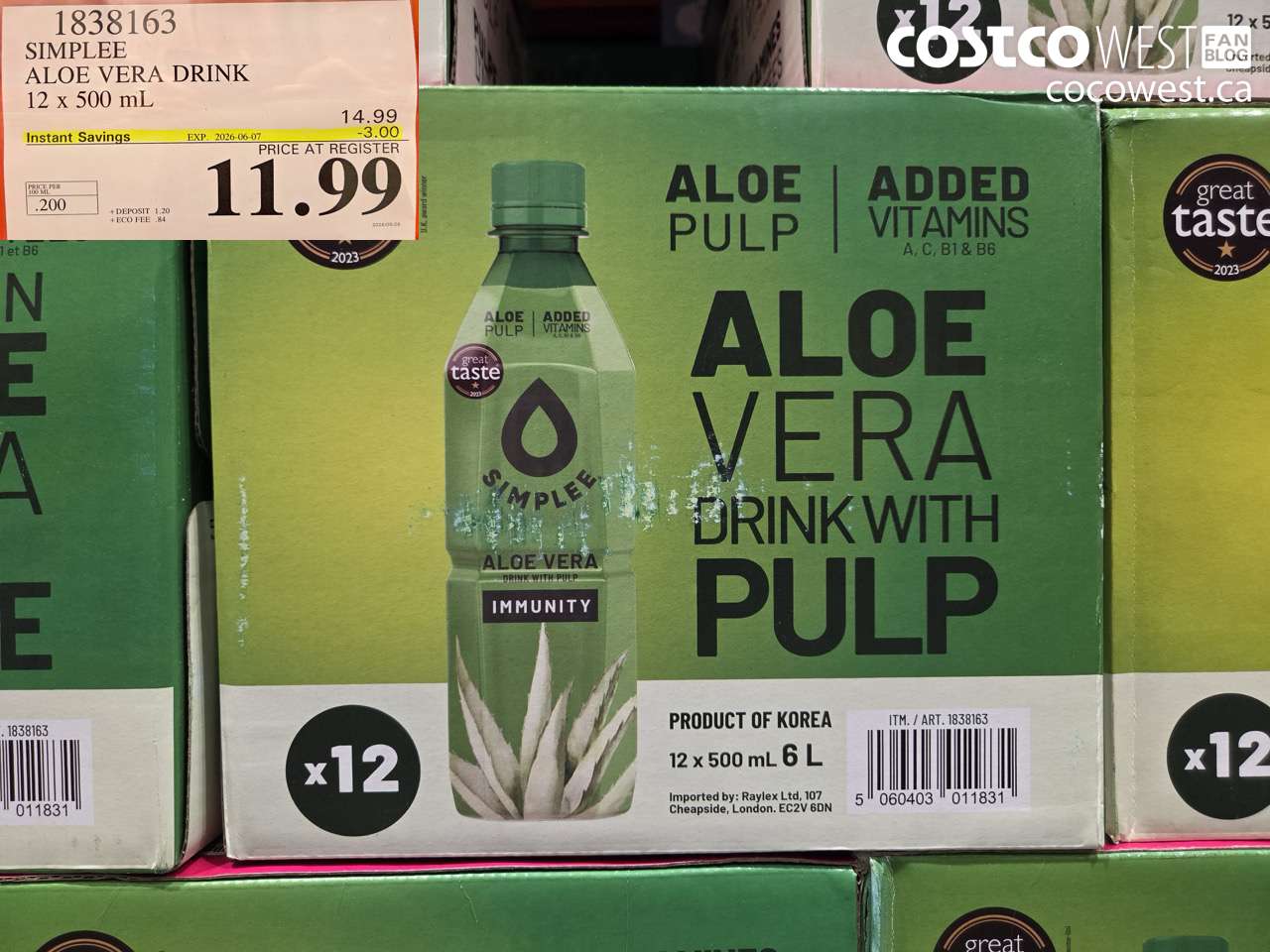 1838163 SIMPLEE ALOE VERA DRINK 12 X 500 ML ($3.00 INSTANT SAVINGS EXPIRES ON 2026-06-07) $11.99