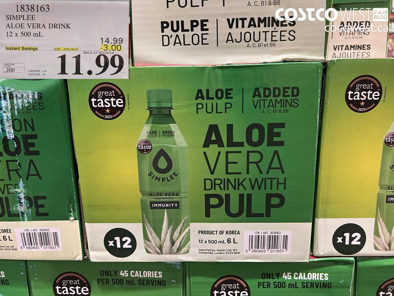 1838163 SIMPLEE ALOE VERA DRINK 12 X 500 ML ($3.00 INSTANT SAVINGS EXPIRES ON 2026-06-07) $11.99