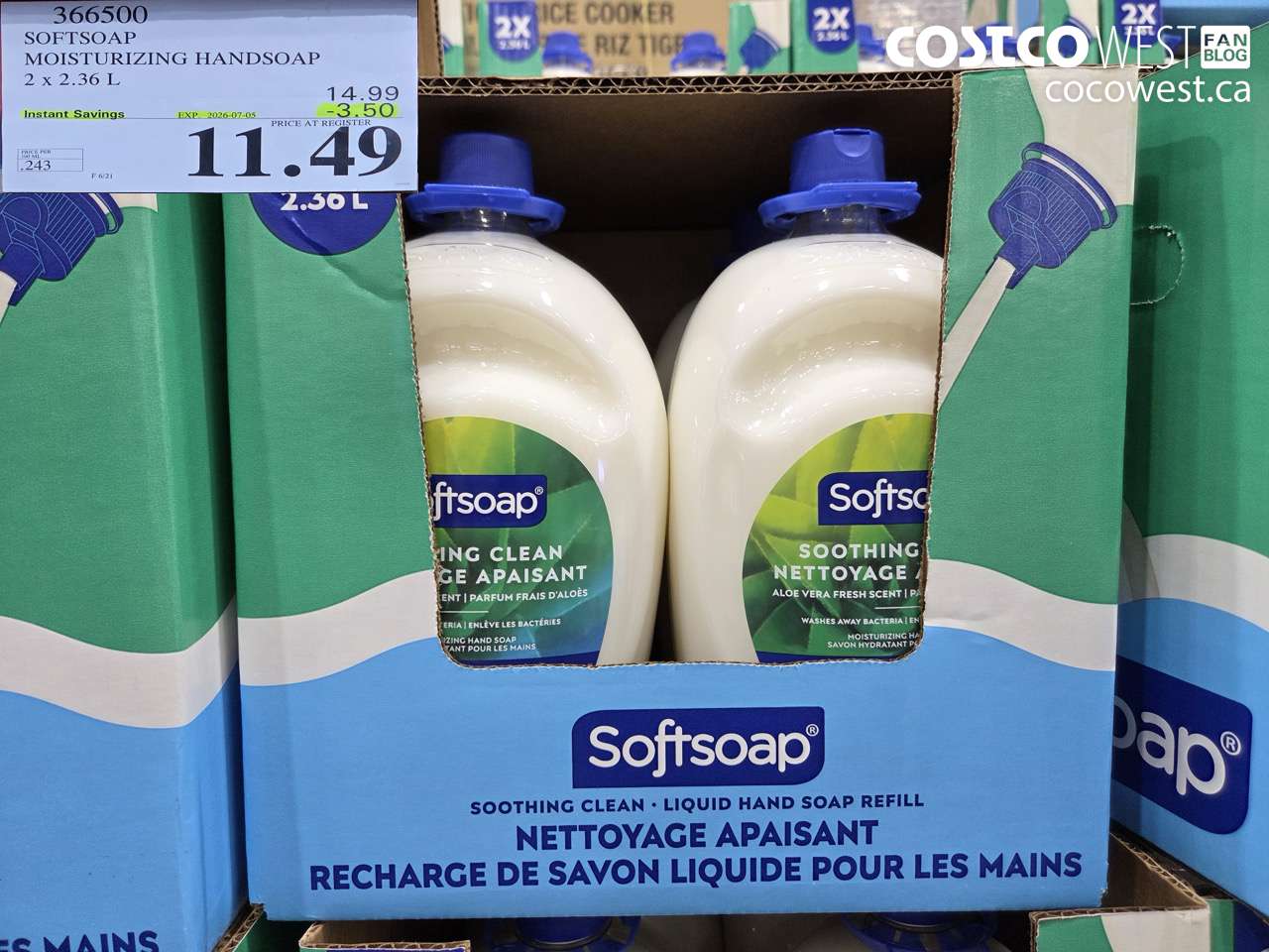 366500 SOFTSOAP MOISTURIZING HANDSOAP 2 X 2.36 L ($3.50 INSTANT SAVINGS EXPIRES ON 2026-07-05) $11.49