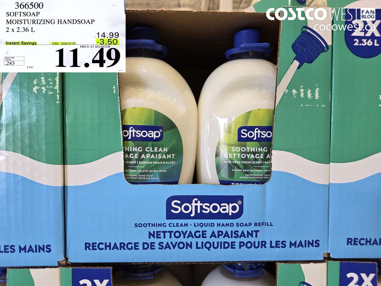 366500 SOFTSOAP MOISTURIZING HANDSOAP 2 X 2.36 L ($3.50 INSTANT SAVINGS EXPIRES ON 2026-07-05) $11.49
