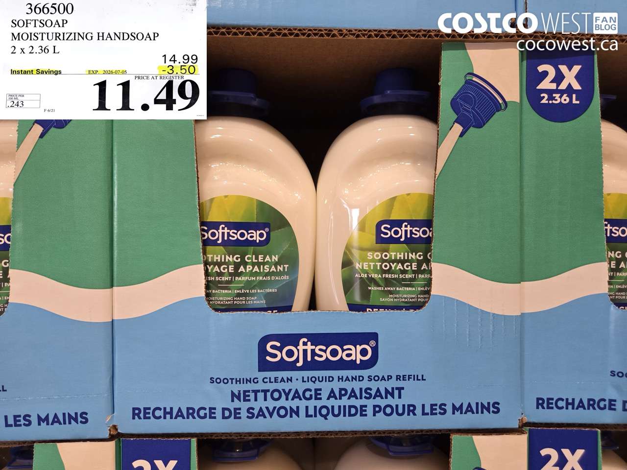 366500 SOFTSOAP MOISTURIZING HANDSOAP 2 X 2.36 L ($3.50 INSTANT SAVINGS EXPIRES ON 2026-07-05) $11.49