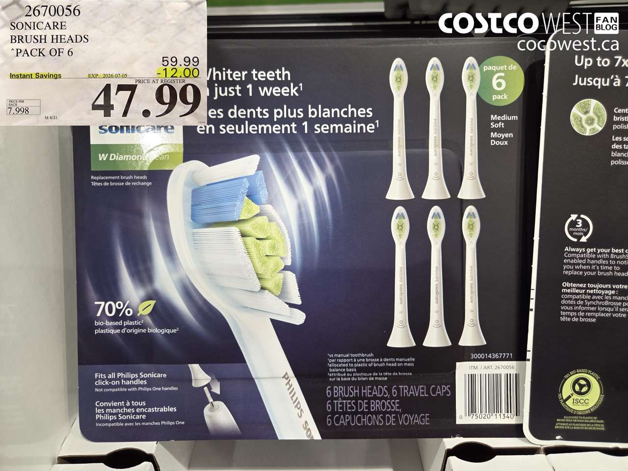 2670056 SONICARE BRUSH HEADS PACK OF 6 ($12.00 INSTANT SAVINGS EXPIRES ON 2026-07-05) $47.99