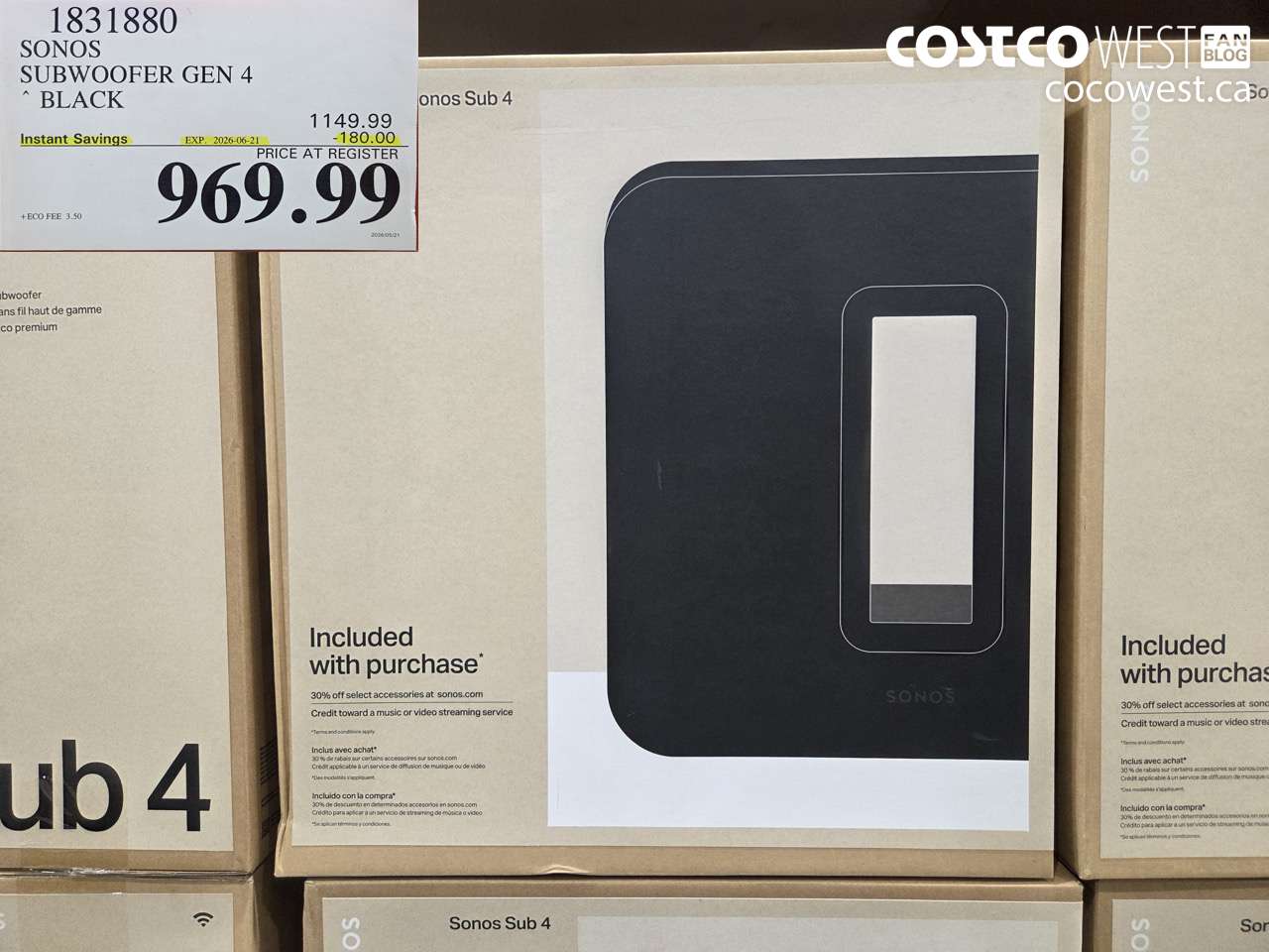 1831880 SONOS SUBWOOFER GEN 4 BLACK ($180.00 INSTANT SAVINGS EXPIRES ON 2026-06-21) $969.99