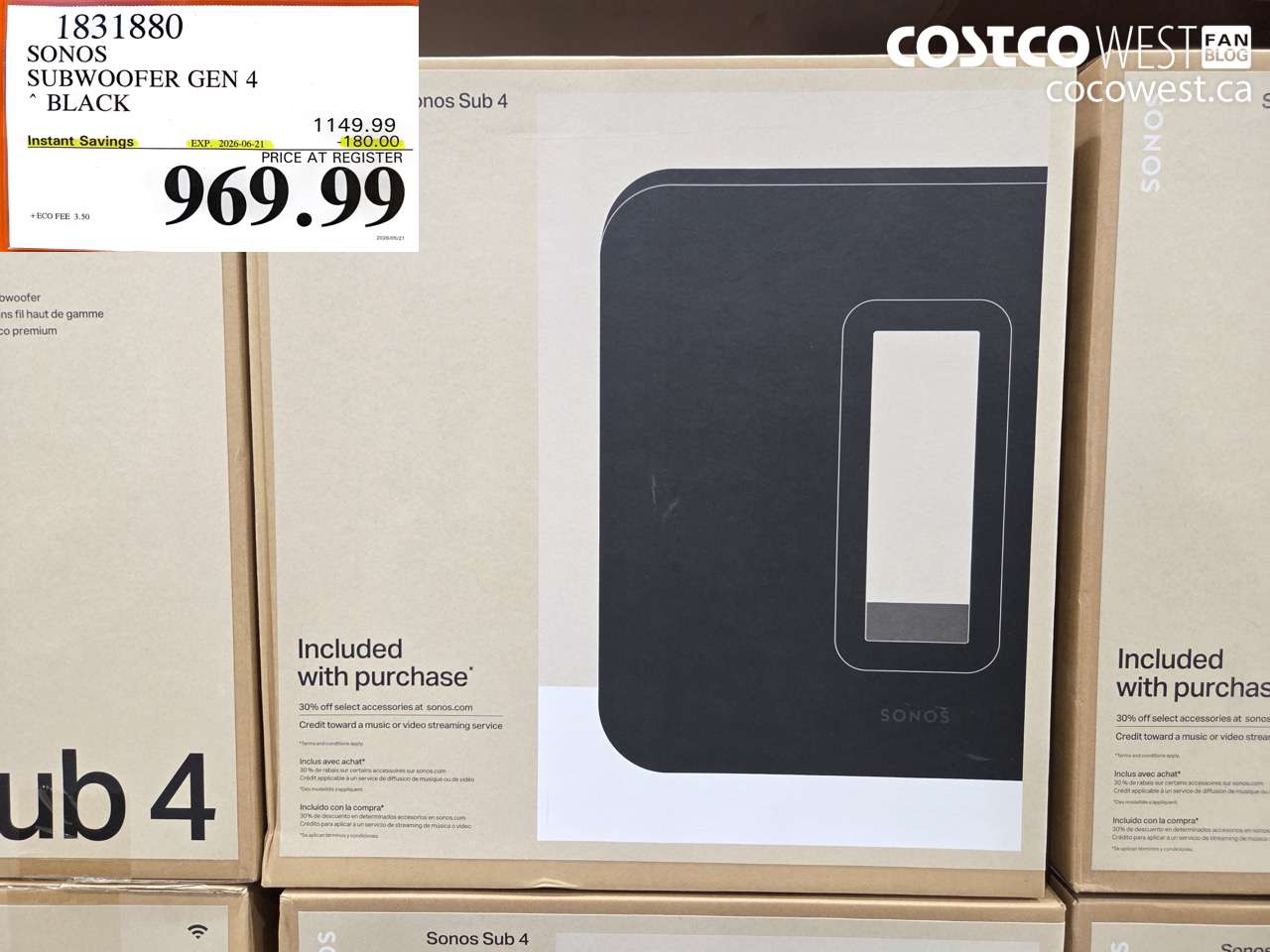 1831880 SONOS SUBWOOFER GEN 4 BLACK ($180.00 INSTANT SAVINGS EXPIRES ON 2026-06-21) $969.99