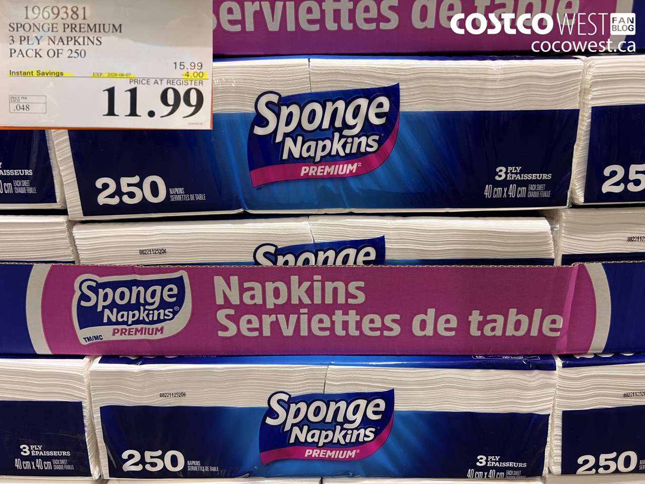 1969381 SPONGE PREMIUM 3 PLY NAPKINS PACK OF 250 ($4.00 INSTANT SAVINGS EXPIRES ON 2026-06-07) $11.99