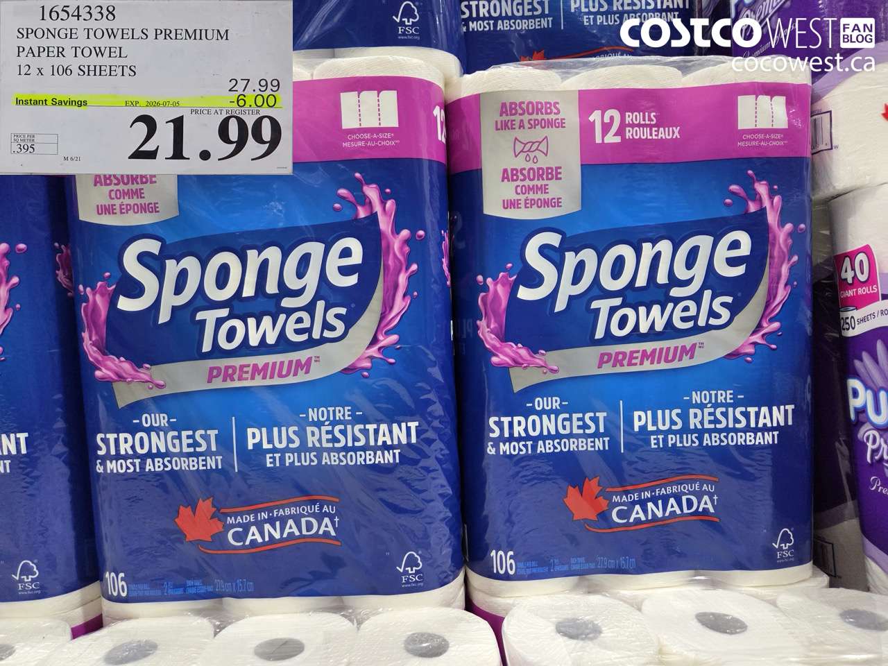 1654338 SPONGE TOWELS PREMIUM PAPER TOWEL 12 X 106 SHEETS ($6.00 INSTANT SAVINGS EXPIRES ON 2026-07-05) $21.99