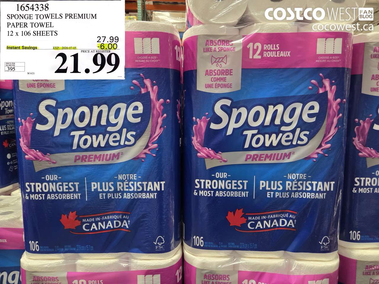 1654338 SPONGE TOWELS PREMIUM PAPER TOWEL 12 X 106 SHEETS ($6.00 INSTANT SAVINGS EXPIRES ON 2026-07-05) $21.99