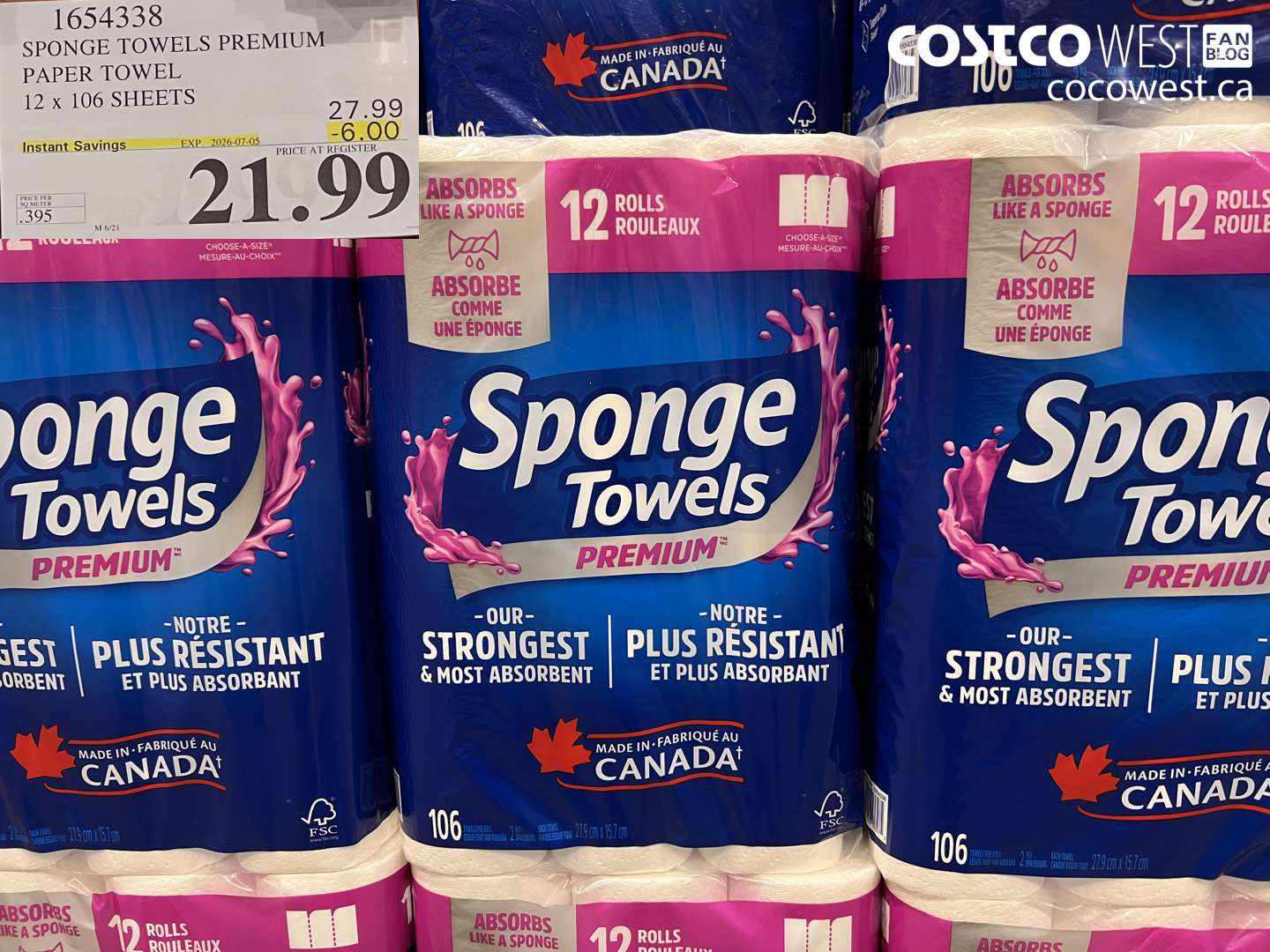 1654338 SPONGE TOWELS PREMIUM PAPER TOWEL 12 X 106 SHEETS ($6.00 INSTANT SAVINGS EXPIRES ON 2026-07-05) $21.99