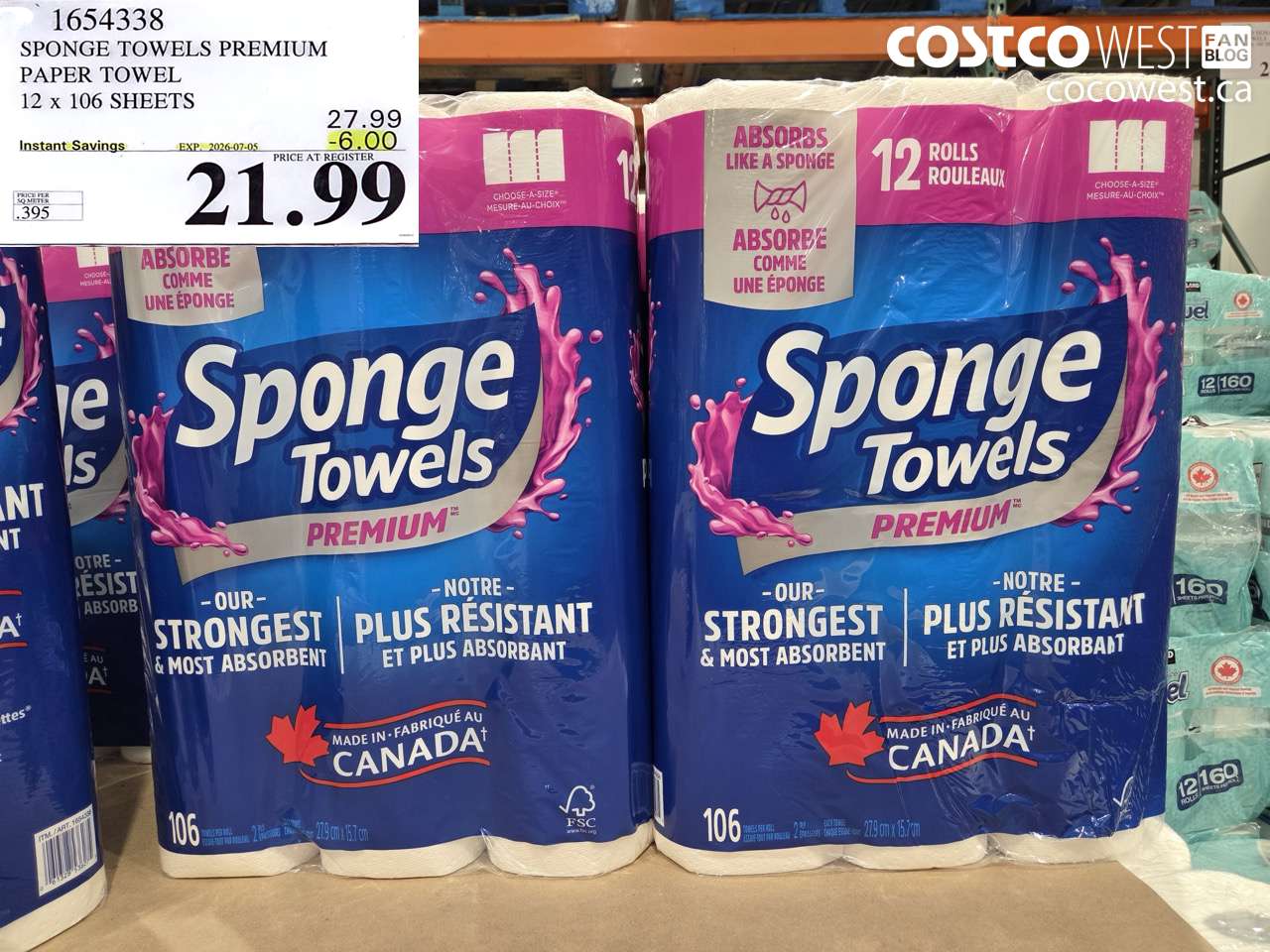 1654338 SPONGE TOWELS PREMIUM PAPER TOWEL 12 X 106 SHEETS ($6.00 INSTANT SAVINGS EXPIRES ON 2026-07-05) $21.99