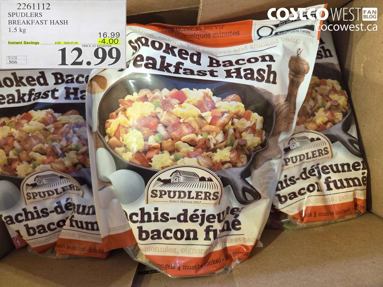 2261112 SPUDLERS BREAKFAST HASH 1.5 KG ($4.00 INSTANT SAVINGS EXPIRES ON 2026-07-05) $12.99