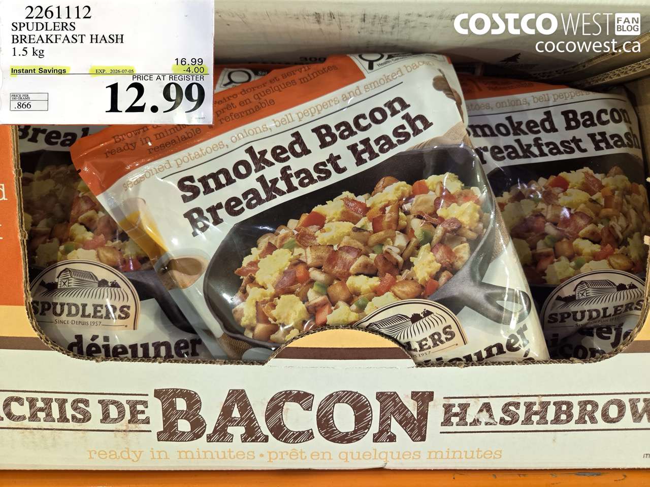 2261112 SPUDLERS BREAKFAST HASH 1.5 KG ($4.00 INSTANT SAVINGS EXPIRES ON 2026-07-05) $12.99