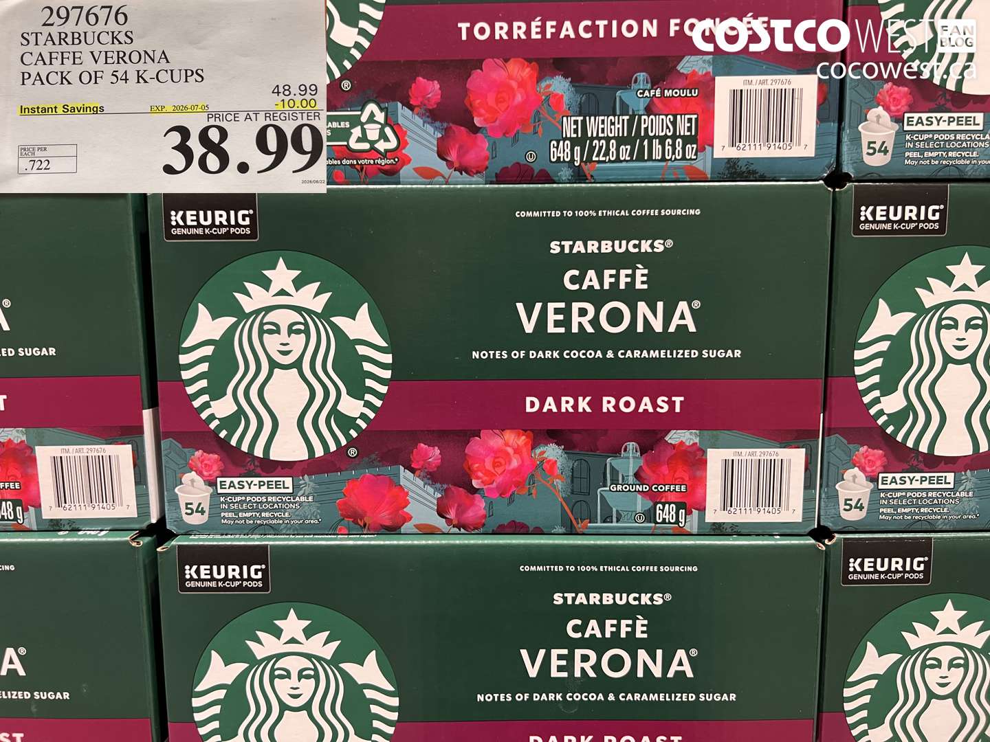 297676 STARBUCKS CAFFE VERONA PACK OF 54 K-CUPS ($10.00 INSTANT SAVINGS EXPIRES ON 2026-07-05) $38.99