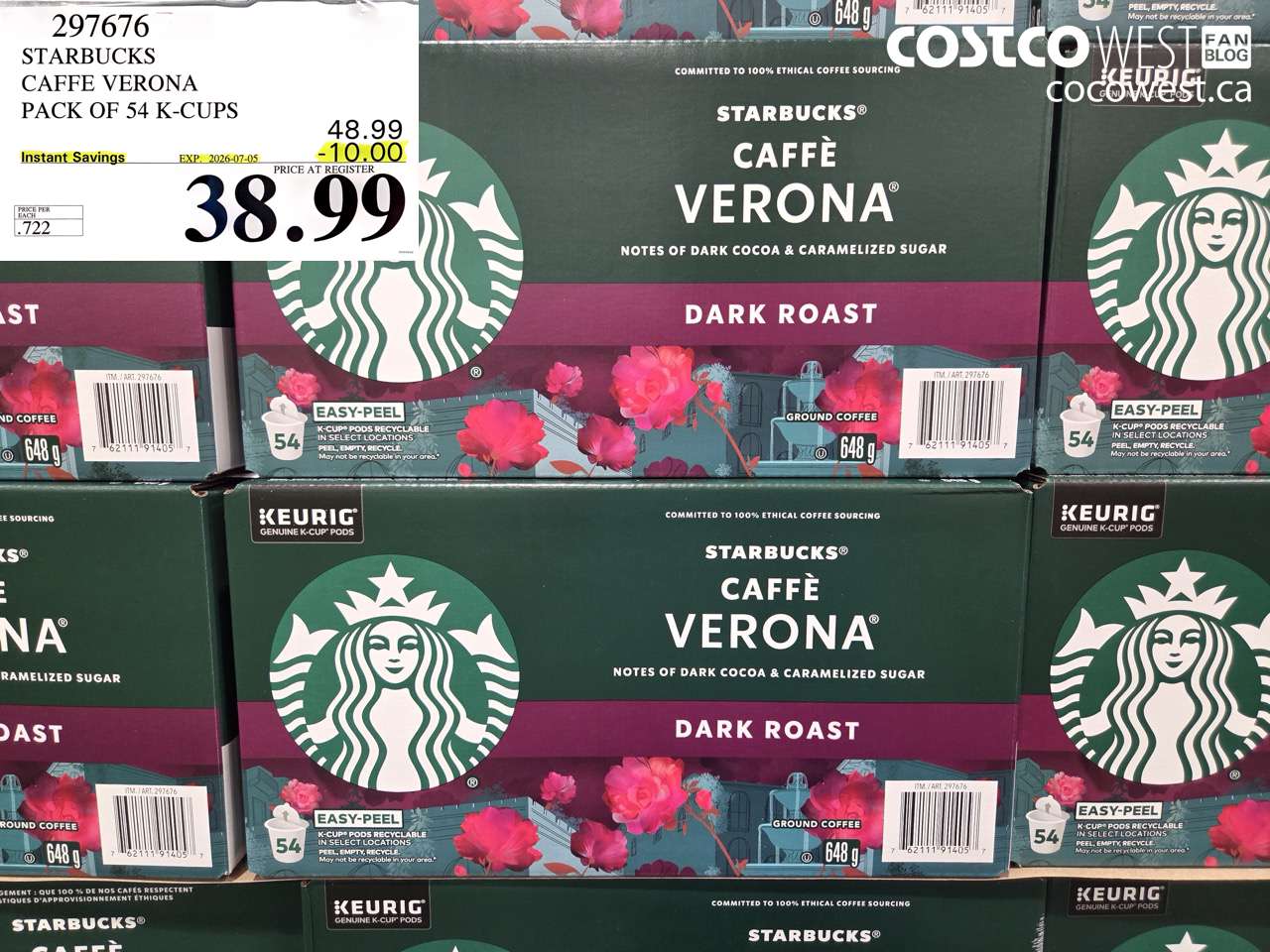 297676 STARBUCKS CAFFE VERONA PACK OF 54 K-CUPS ($10.00 INSTANT SAVINGS EXPIRES ON 2026-07-05) $38.99