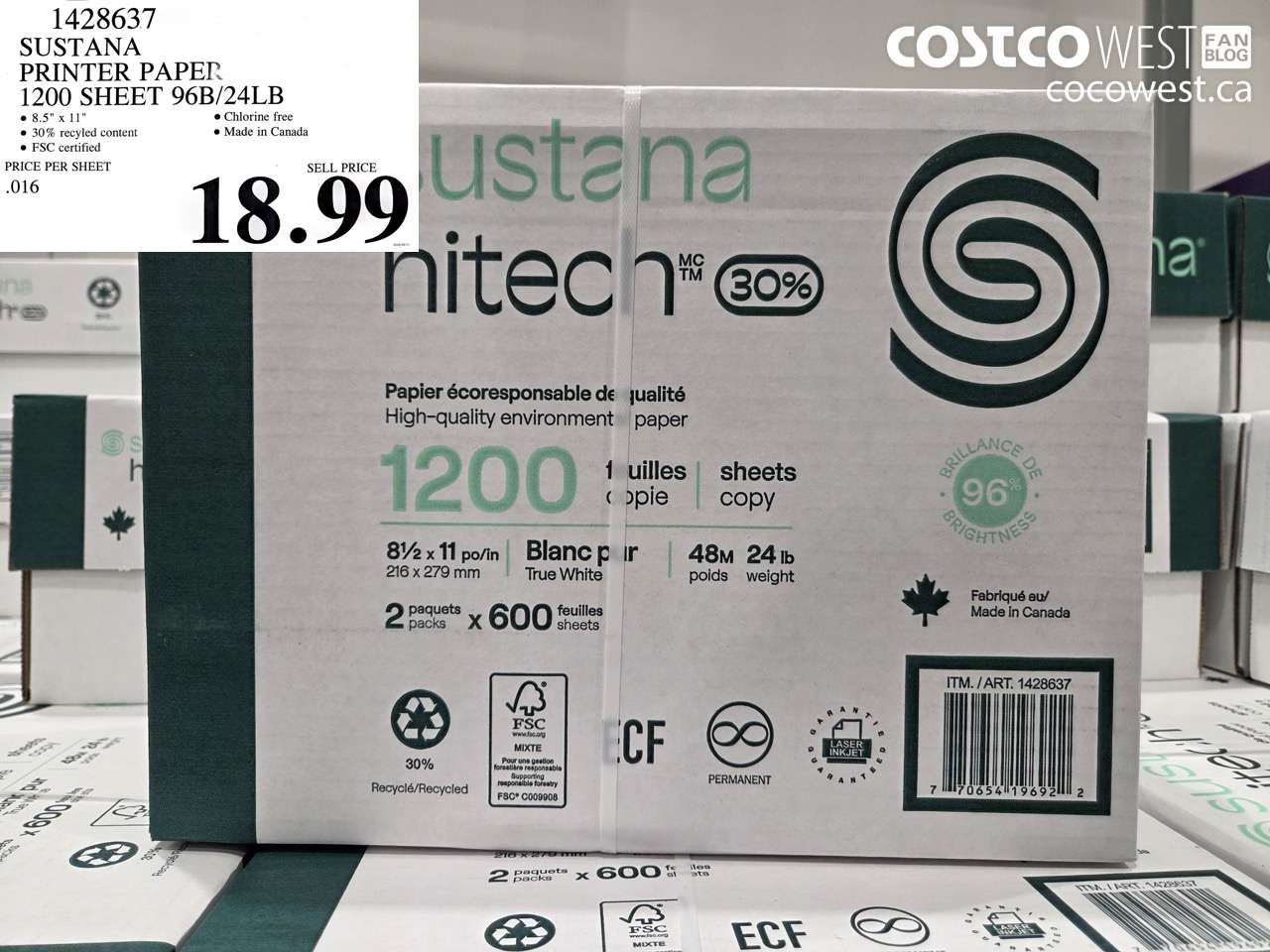 1428637 SUSTANA PRINTER PAPER 1200 SHEET 96B/24LB $18.99