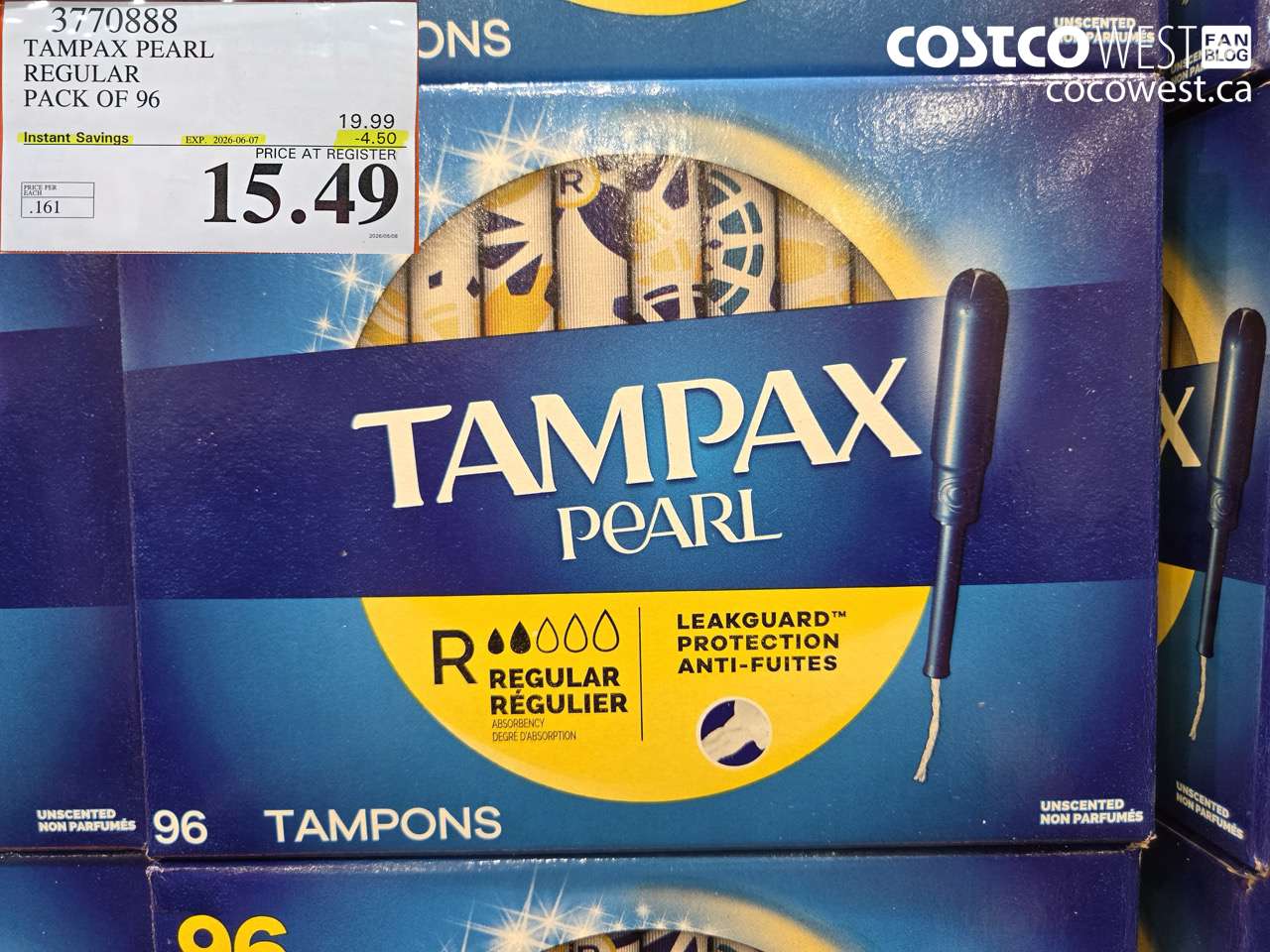 3770888 TAMPAX PEARL REGULAR PACK OF 96 ($4.50 INSTANT SAVINGS EXPIRES ON 2026-06-07) $15.49
