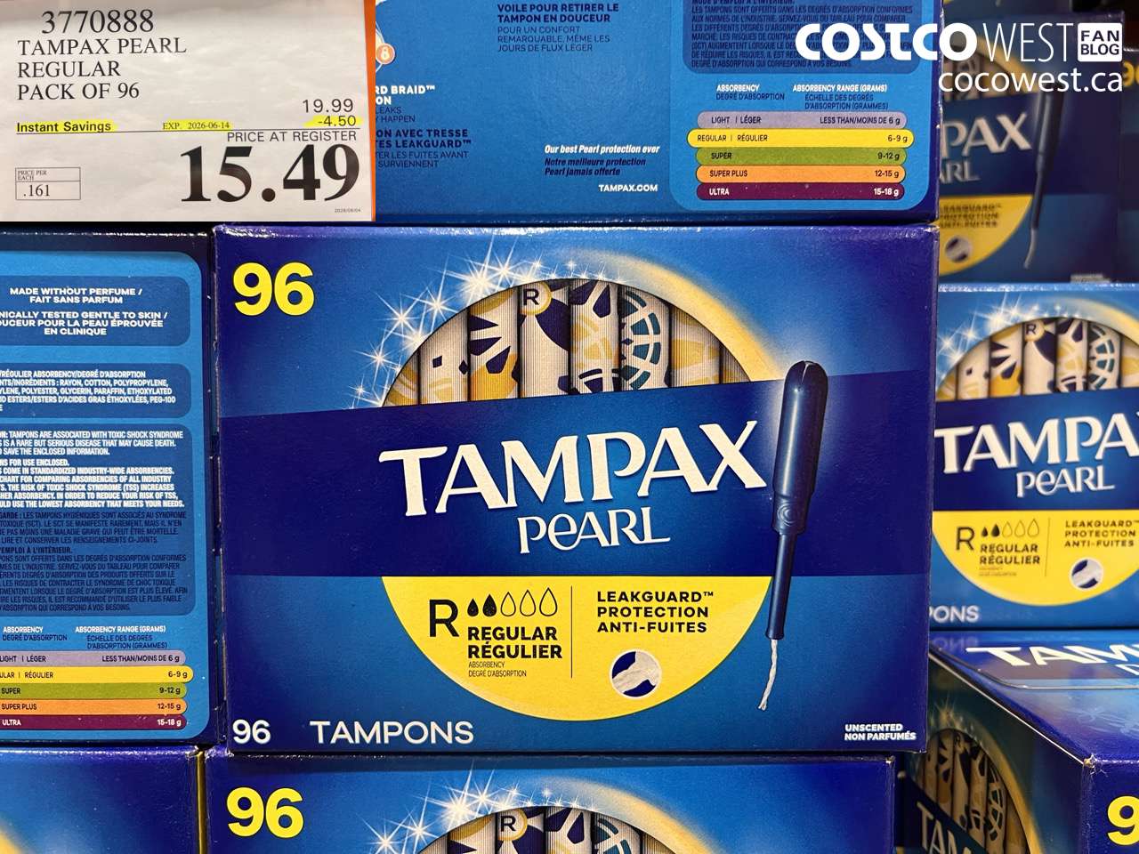3770888 TAMPAX PEARL REGULAR PACK OF 96 ($4.50 INSTANT SAVINGS EXPIRES ON 2026-06-14) $15.49